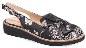 Black floral slingback with bow detail.