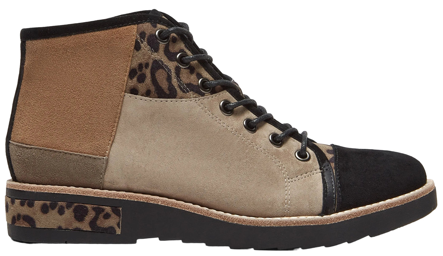 A lace-up ankle boot featuring a mix of textures and patterns, including tan suede, a leopard print fabric at the collar and heel, and a black suede toe cap, set on a thick black rubber sole with a leopard print detail on the heel.