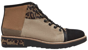 A lace-up ankle boot featuring a mix of textures and patterns, including tan suede, a leopard print fabric at the collar and heel, and a black suede toe cap, set on a thick black rubber sole with a leopard print detail on the heel.