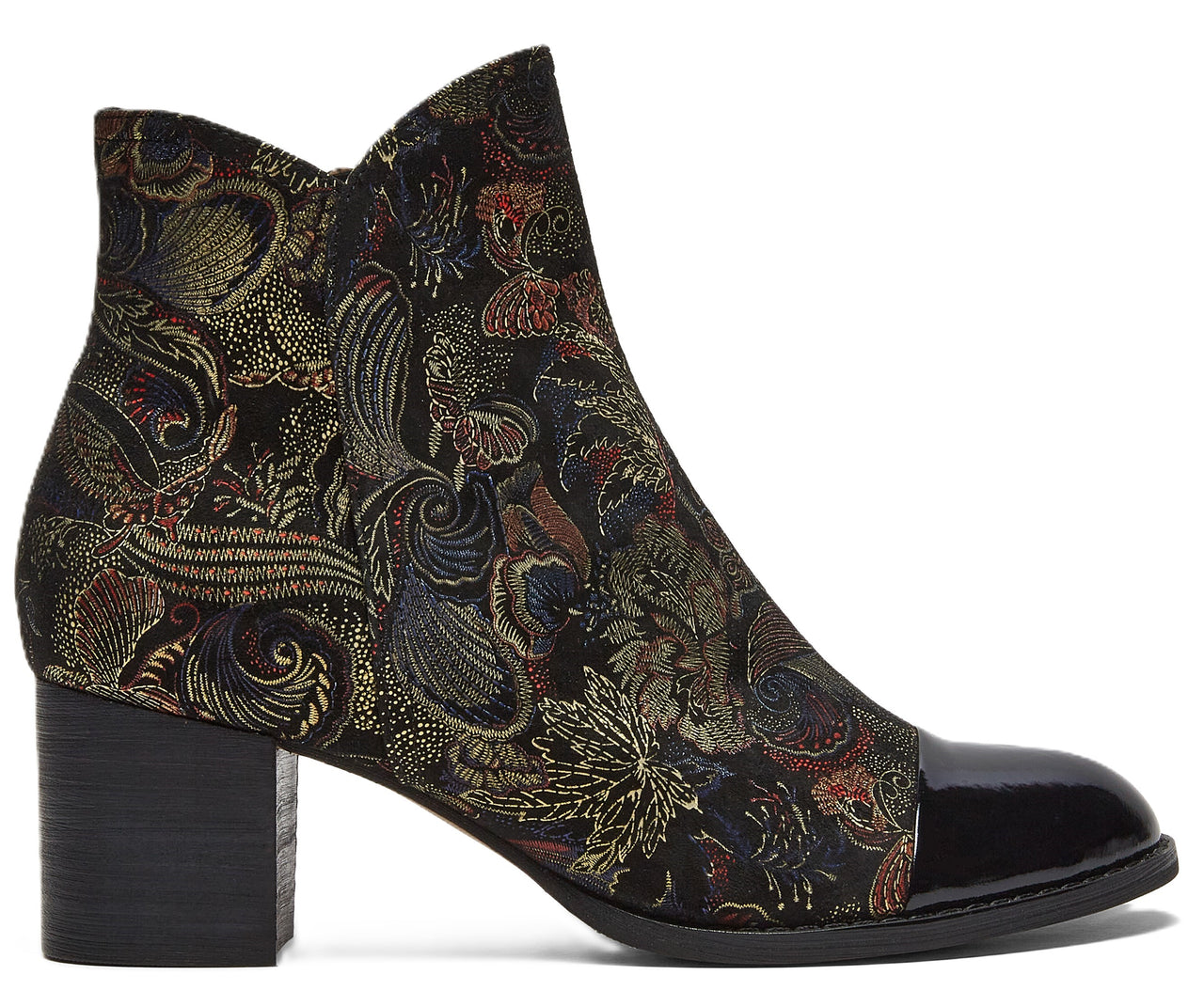 Ankle boot with floral pattern and black patent toe.