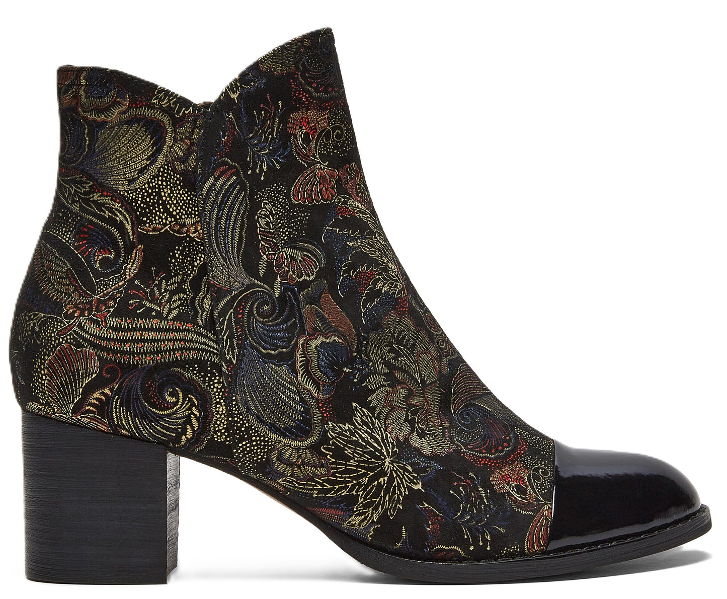 Ankle boot with floral pattern and black patent toe.