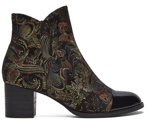 Ankle boot with floral pattern and black patent toe.
