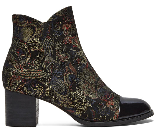 Ankle boot with floral pattern and black patent toe.