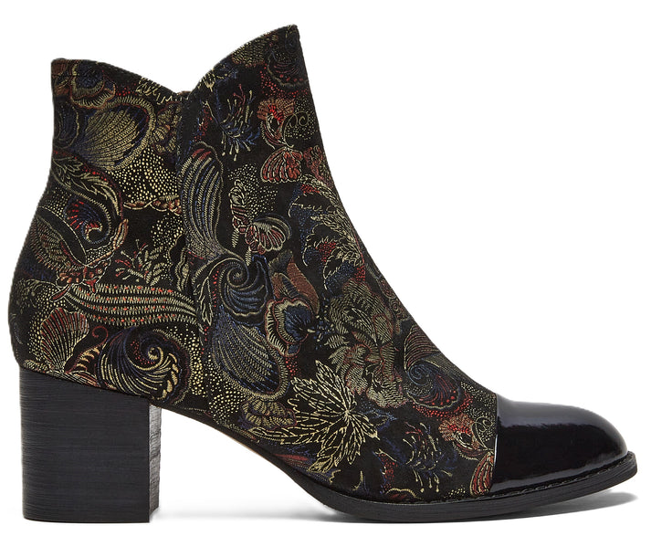 Ankle boot with floral pattern and black patent toe.