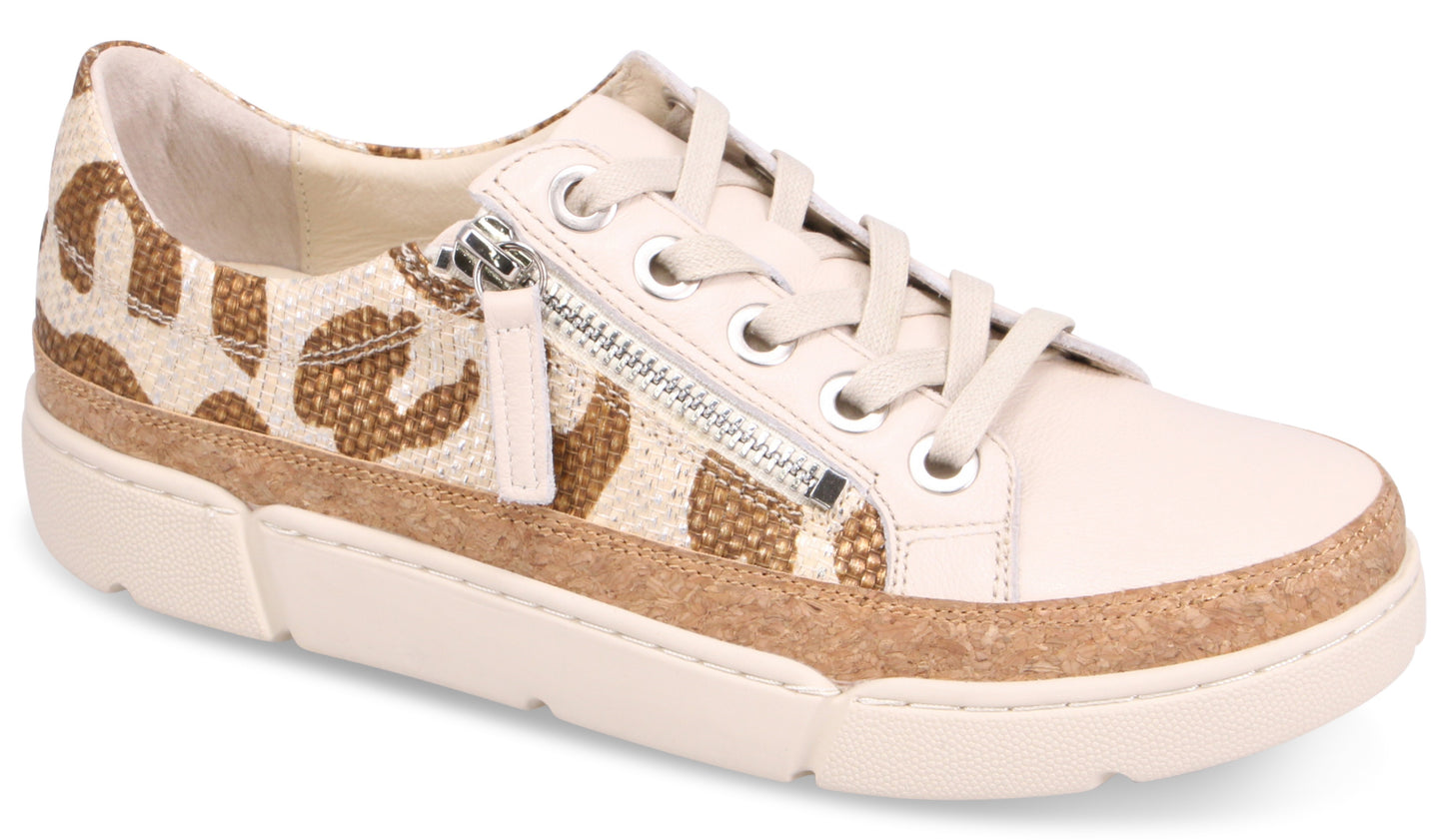 Off-white leather sneaker with animal print panel, cork accent, laces and side zipper.