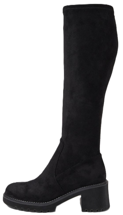 A black suede knee-high boot with a thick block heel and lugged platform sole.