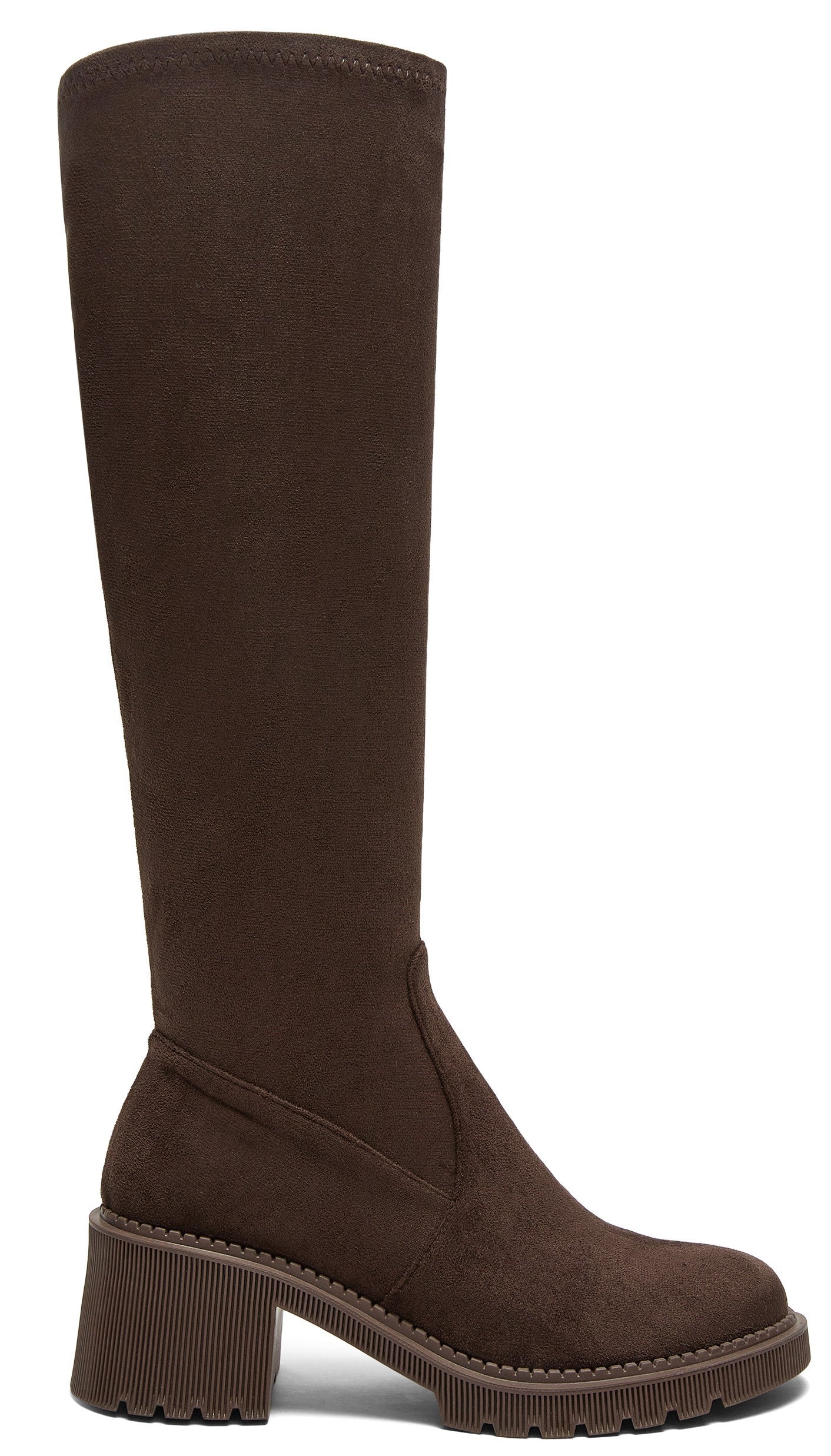 A brown, knee-high, suede-like pull-on boot with a chunky, lugged-sole block heel and textured welt detail.