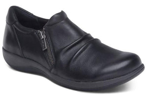 Black leather slip-on shoe with side zipper and rounded toe.