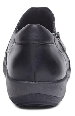 Rear view of a dark leather loafer style shoe with a zip closure.