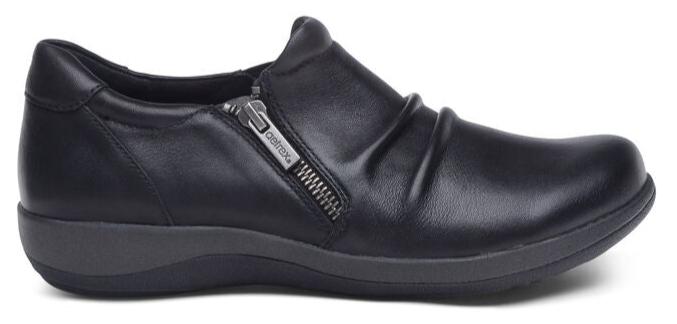 A women's black leather shoe with a side zipper.