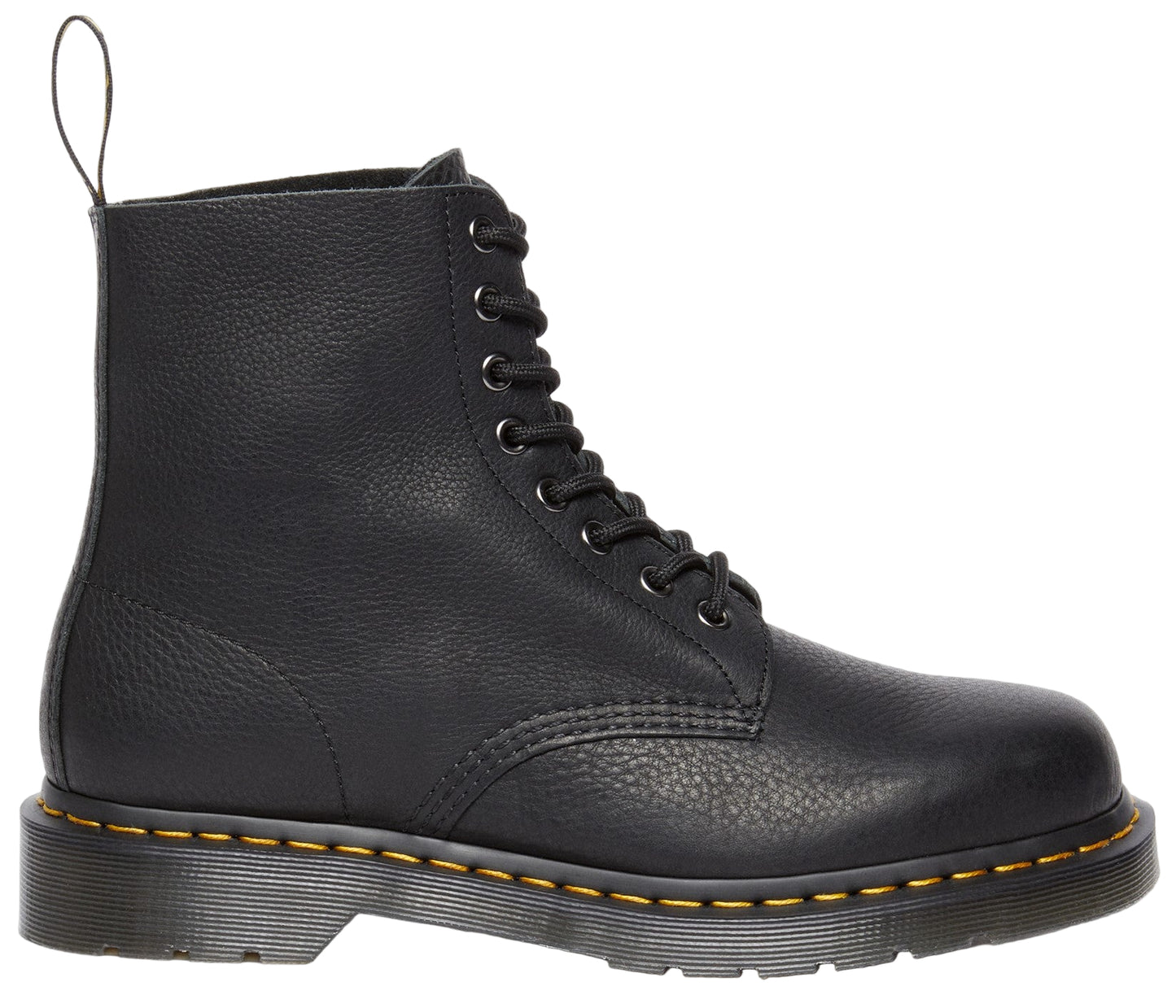 Black leather ankle boot with yellow stitching and a lace-up closure.