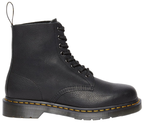 Black leather ankle boot with yellow stitching and a lace-up closure.