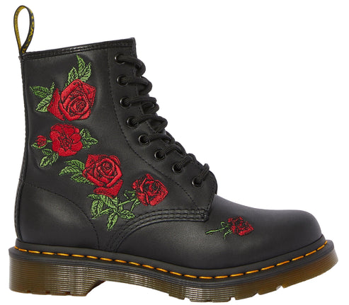 Black leather boot with red rose embroidery.