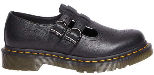 A black leather Mary Jane shoe with two buckled straps.