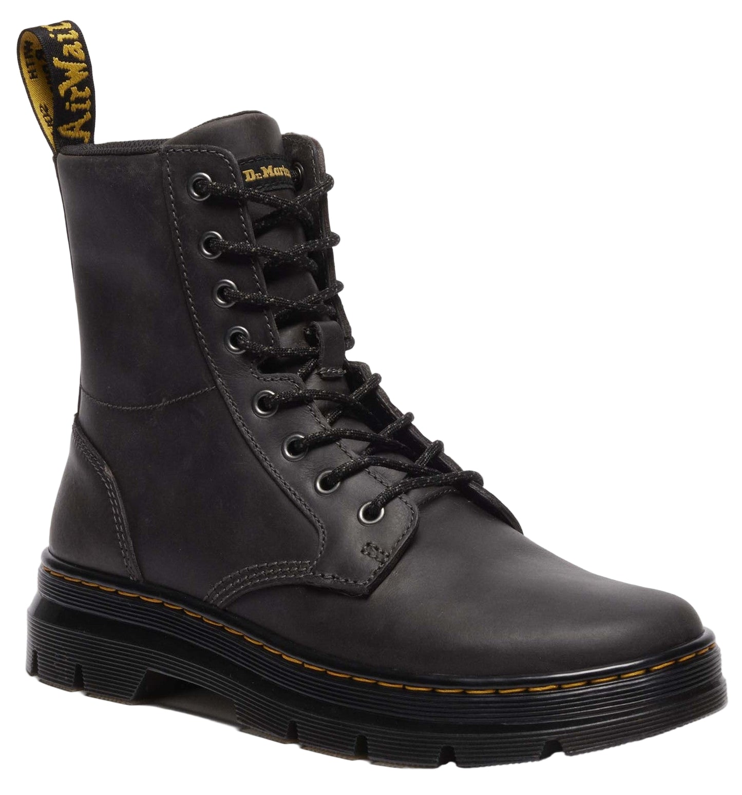 Dark gray leather combat boot with yellow stitching and black laces. An "AirWair" tag is attached.
