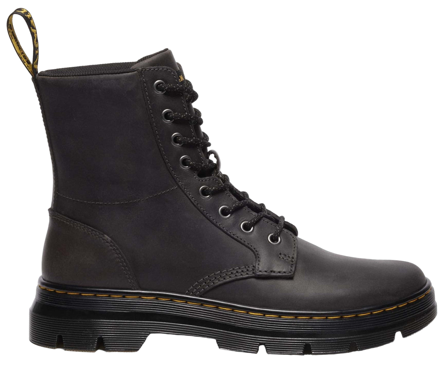 Black lace-up boot with yellow heel pull loop and thick lug sole.