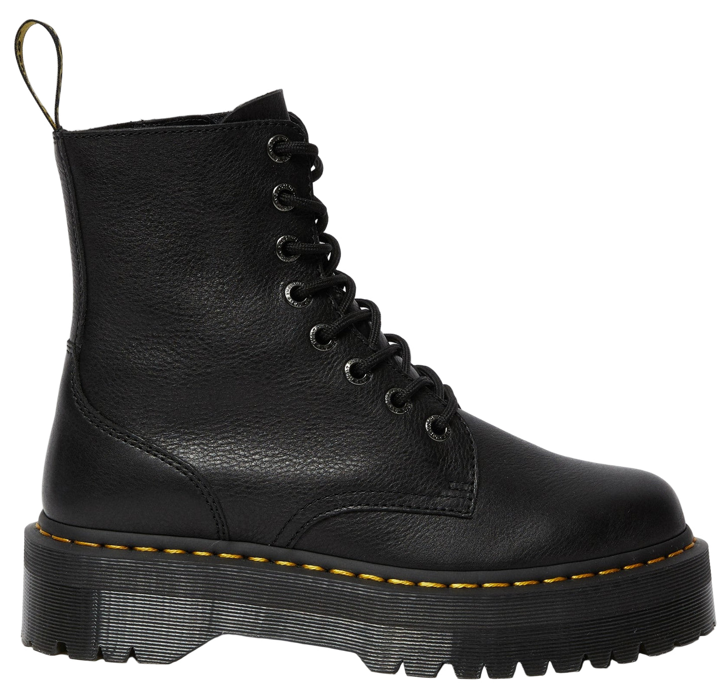 Black leather platform combat boot with laces and yellow stitching.