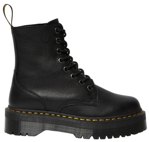 Black leather platform combat boot with laces and yellow stitching.