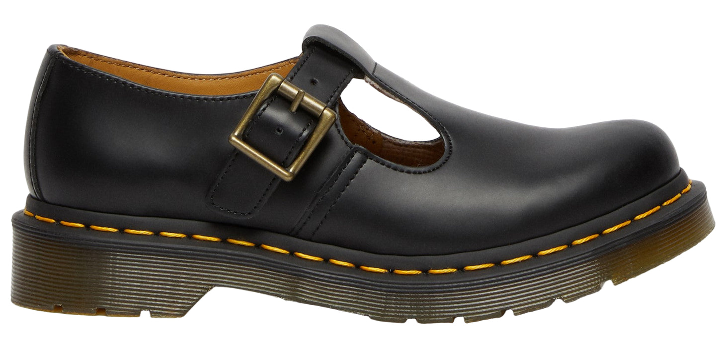 A black, T-strap shoe with a gold buckle and a platform sole.