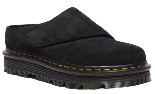 Black suede slip-on shoe with a thick platform sole and yellow stitching.