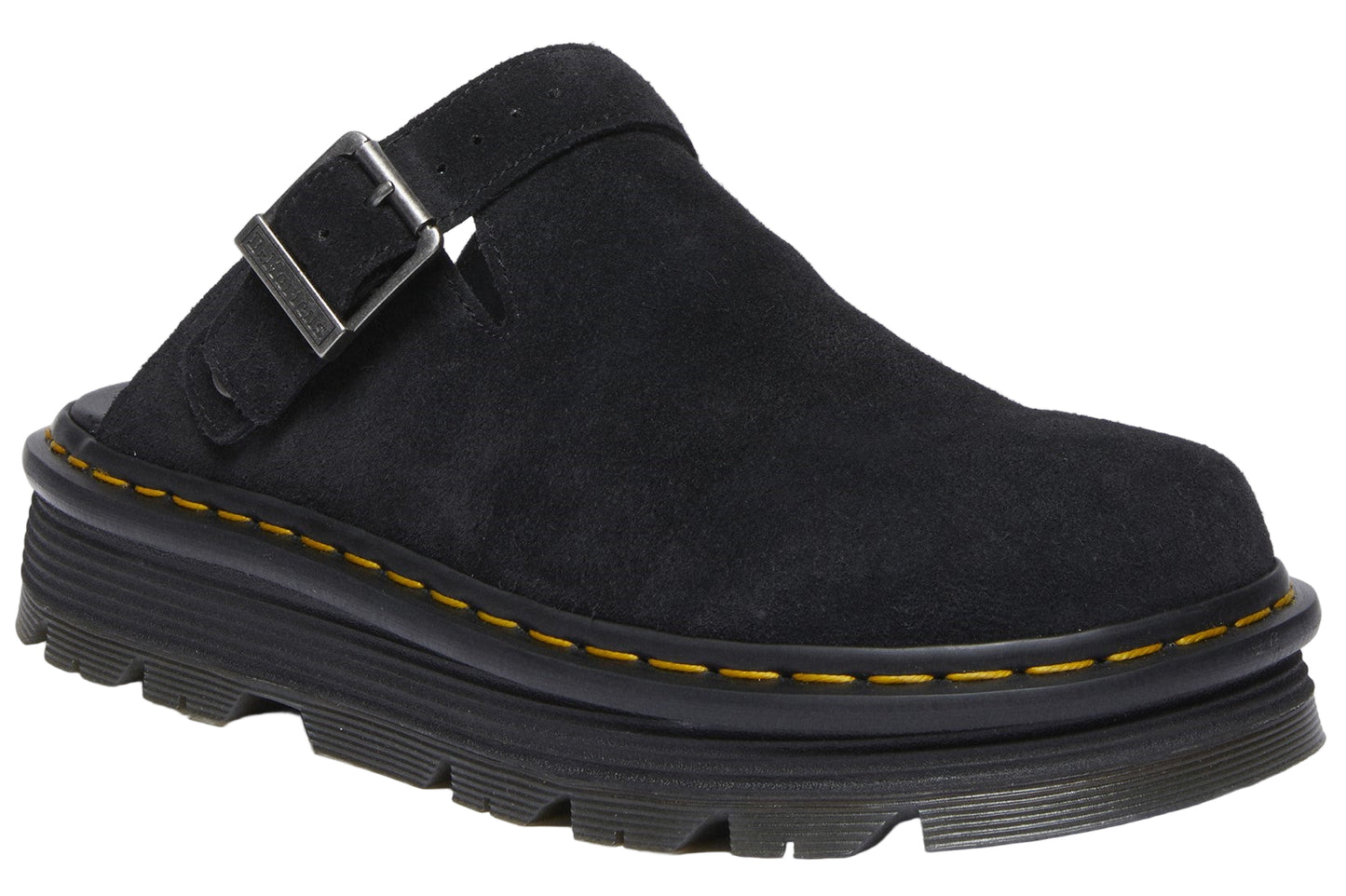 Black suede mule with an adjustable buckle strap and a thick, ridged sole.