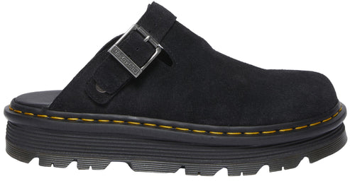 Black clog-style shoe with adjustable buckle strap and thick ridged sole.