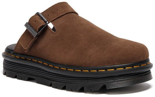 A brown suede mule with an adjustable buckle strap and a black platform sole with yellow stitching.