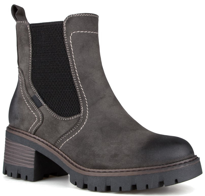 A charcoal grey ankle-height Chelsea boot with white contrast stitching, black elastic side panels, and a chunky, dark brown lug sole with a block heel.