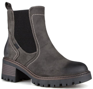 A charcoal grey ankle-height Chelsea boot with white contrast stitching, black elastic side panels, and a chunky, dark brown lug sole with a block heel.