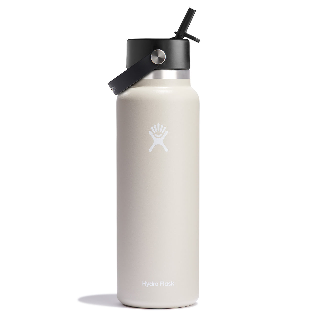 White water bottle with a black lid and straw.
