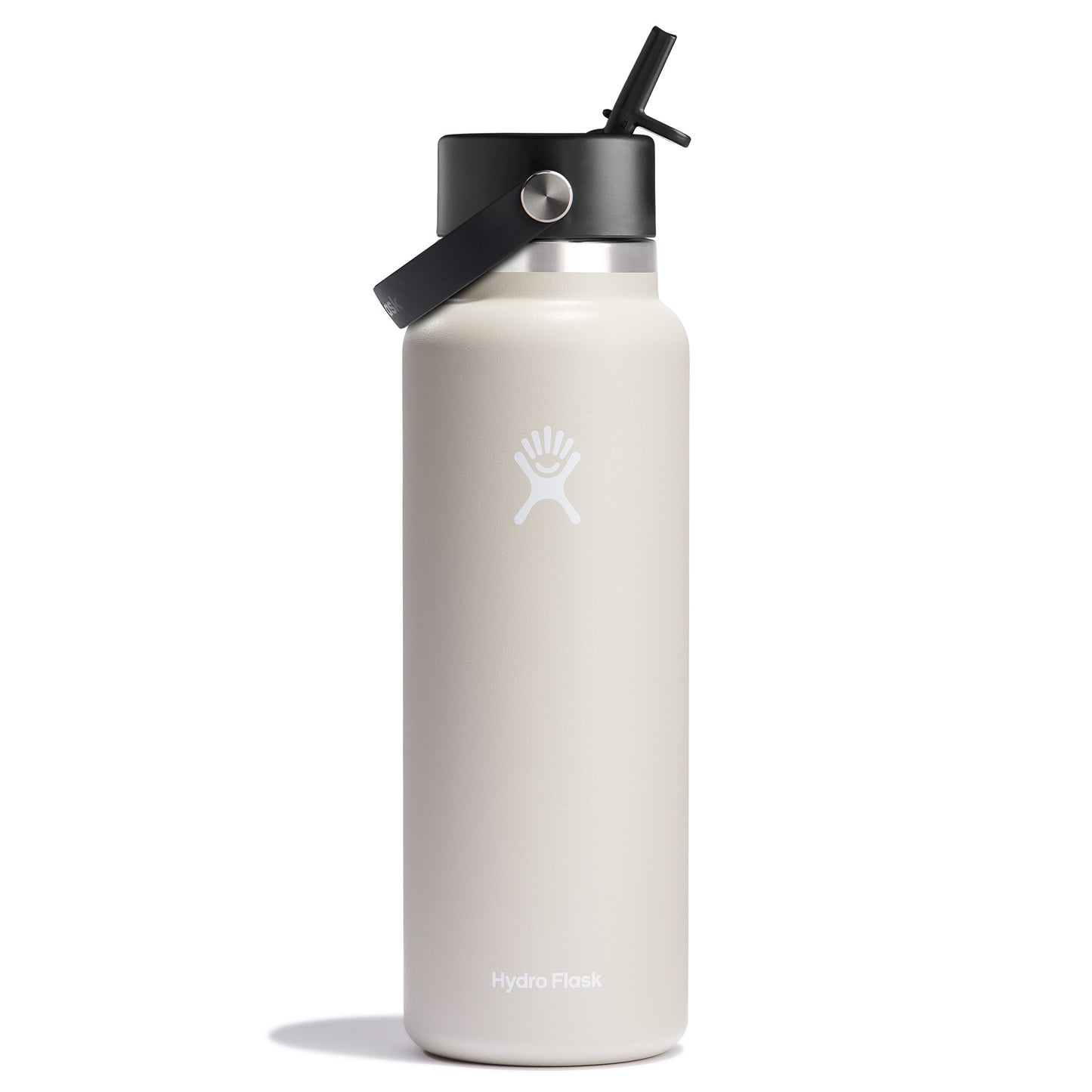 White water bottle with a black lid and straw.
