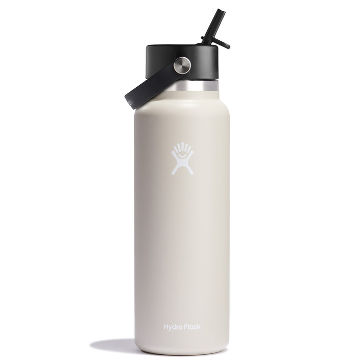 White water bottle with a black lid and straw.