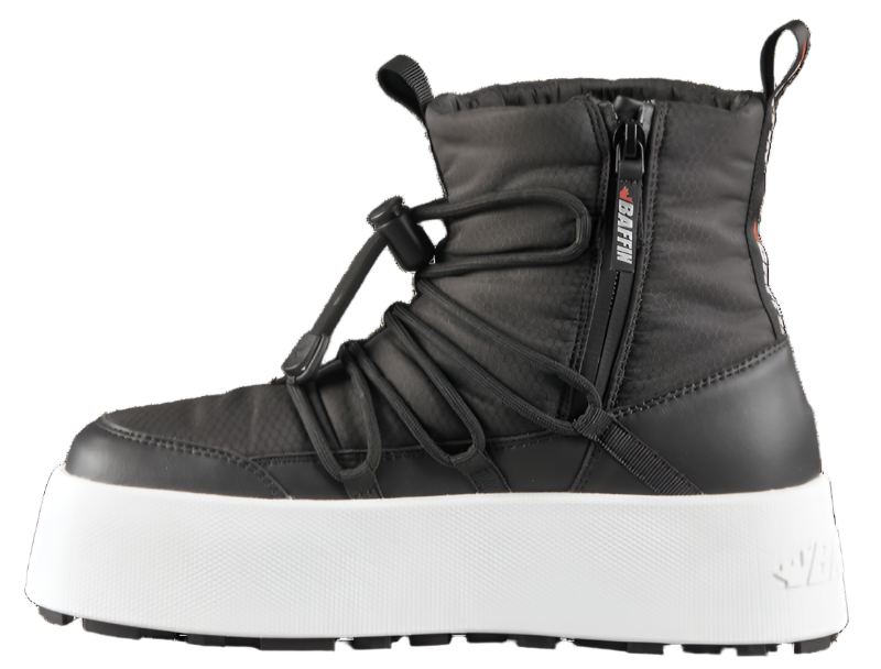 Black winter boot with white platform sole, drawstring lacing, and side zipper.
