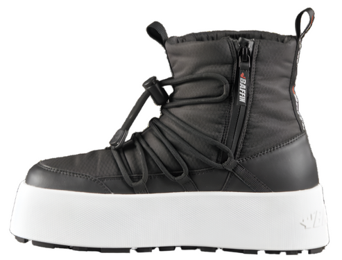 Black winter boot with white platform sole, drawstring lacing, and side zipper.