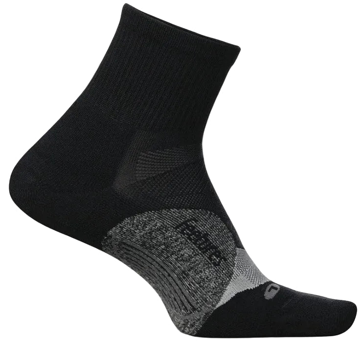 A black ankle-length athletic sock with grey textured material on the arch and a small grey logo on the toe.