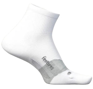 A white quarter-length athletic sock with a gray arch support band labeled 'feetures' and a small gray accent mark on the toe, shown from a side profile view.
