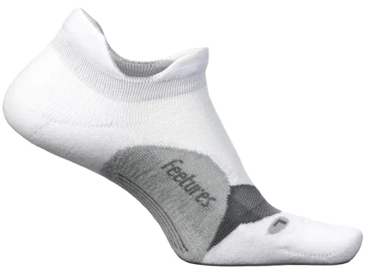 A white, low-cut athletic sock with a gray arch support band and the text 'feetures' in gray on the side, featuring a small gray 'L' logo near the toe.