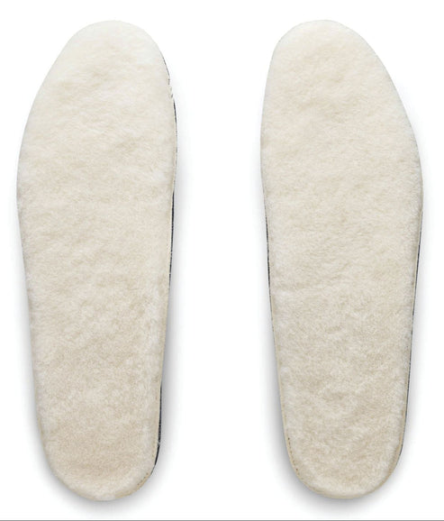 Pair of white faux fur shoe inserts.