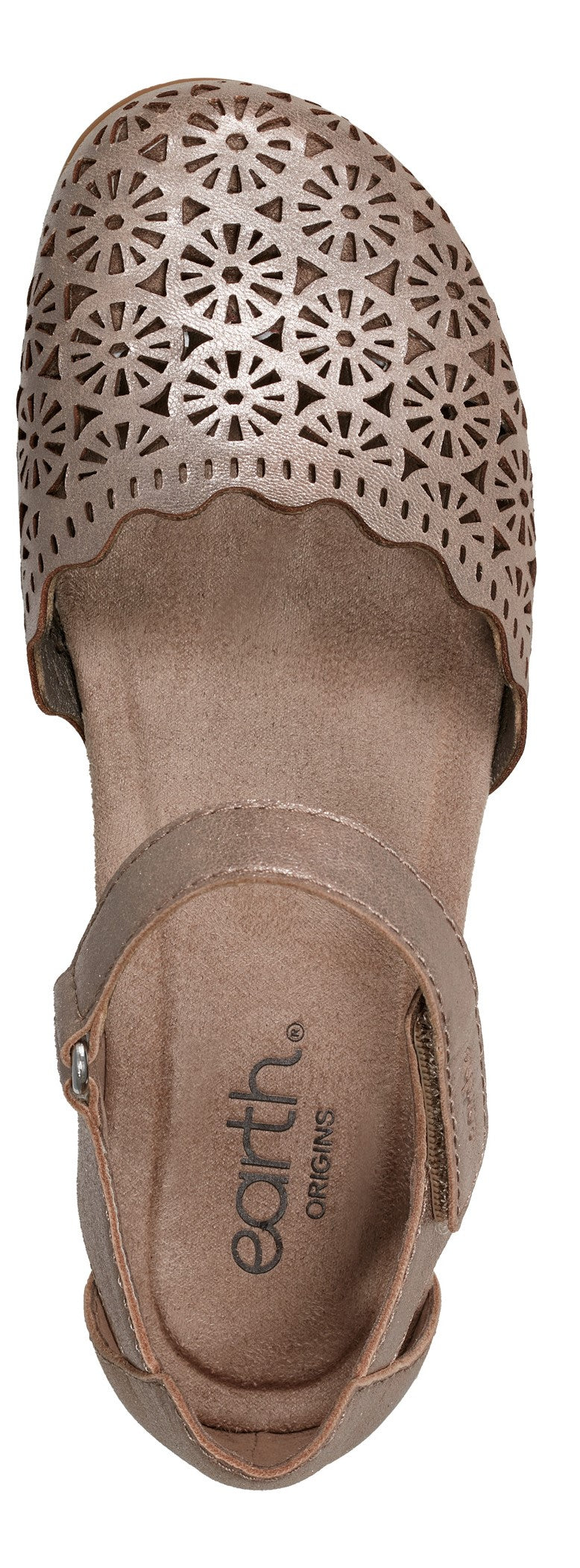 A women's sandal with a laser cut design and an ankle strap and the text 'earth. ORIGINS' is visible on the insole.