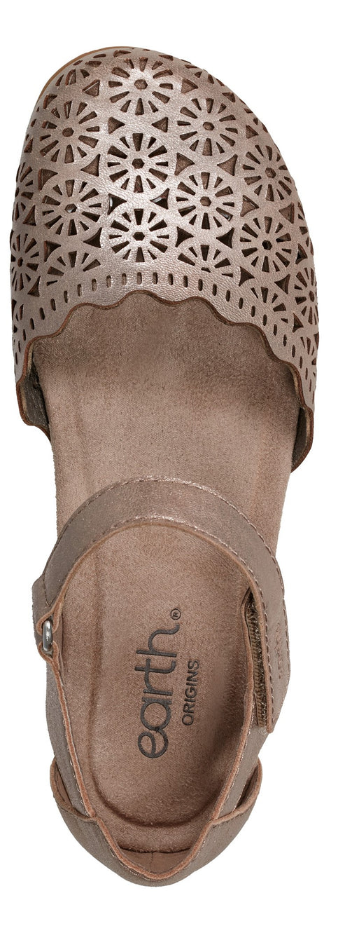 A women's sandal with a laser cut design and an ankle strap and the text 'earth. ORIGINS' is visible on the insole.