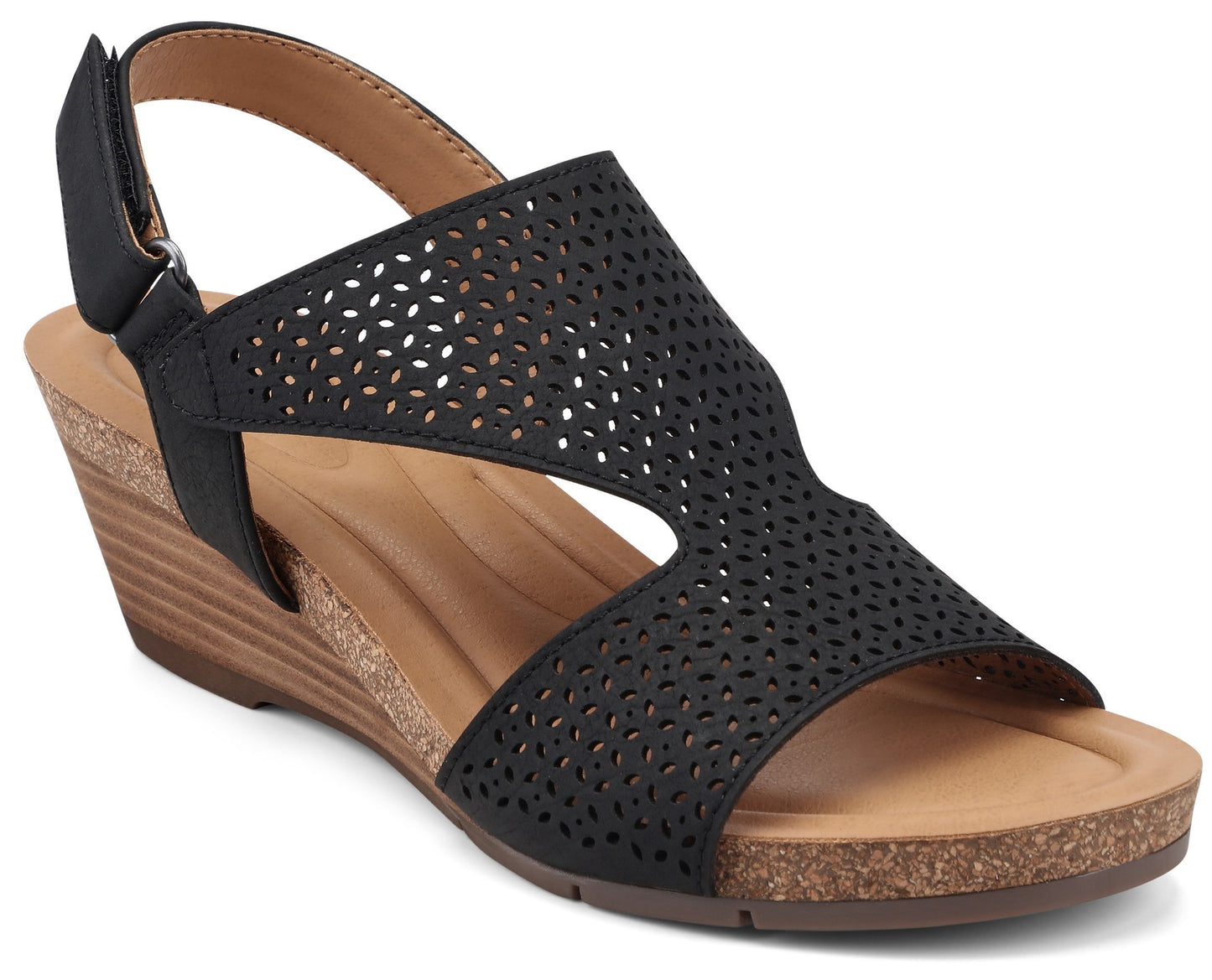 Black perforated wedge sandal with ankle strap and tan insole.
