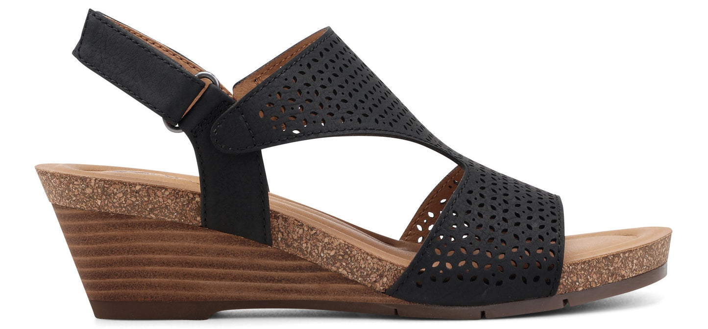 Black wedge sandal with perforated leather details.