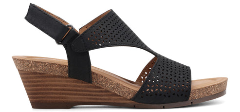 Black wedge sandal with perforated leather details.