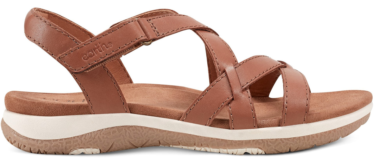 a brown leather sandal with criss-cross straps