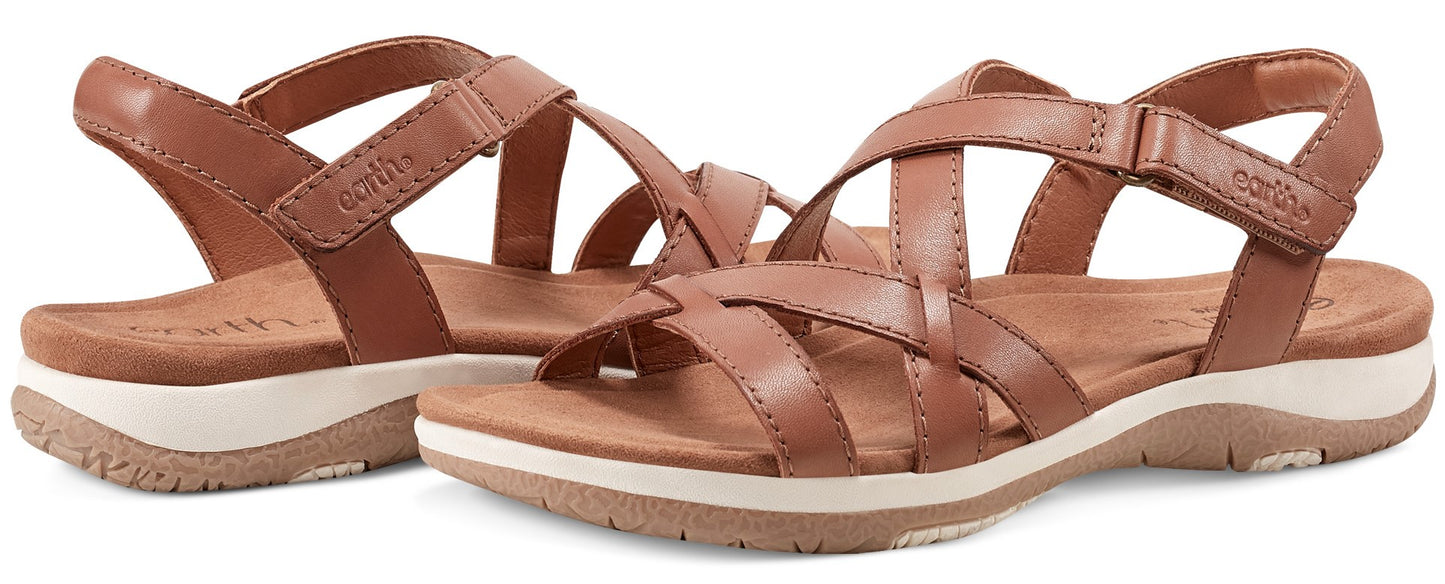 Two brown leather sandals with adjustable straps and a white sole.
