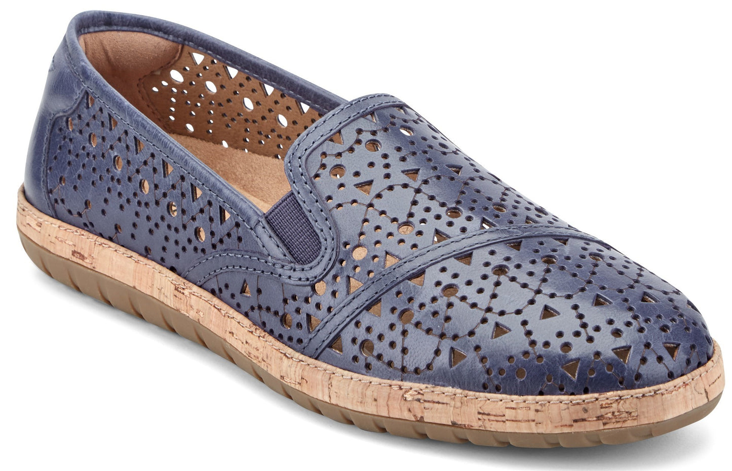 Navy blue leather slip-on shoe with cutouts and cork sole.