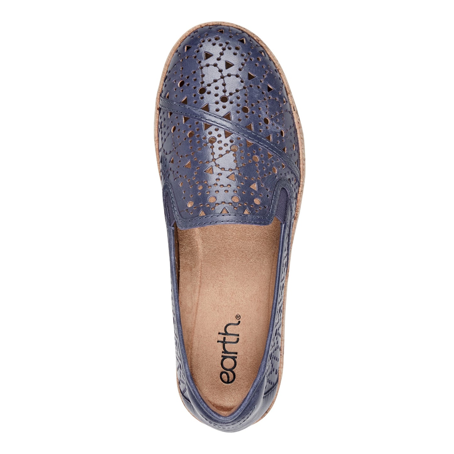 Overhead view of a blue leather slip-on shoe with geometric laser cutouts and the word "earth." on the shoe's interior.