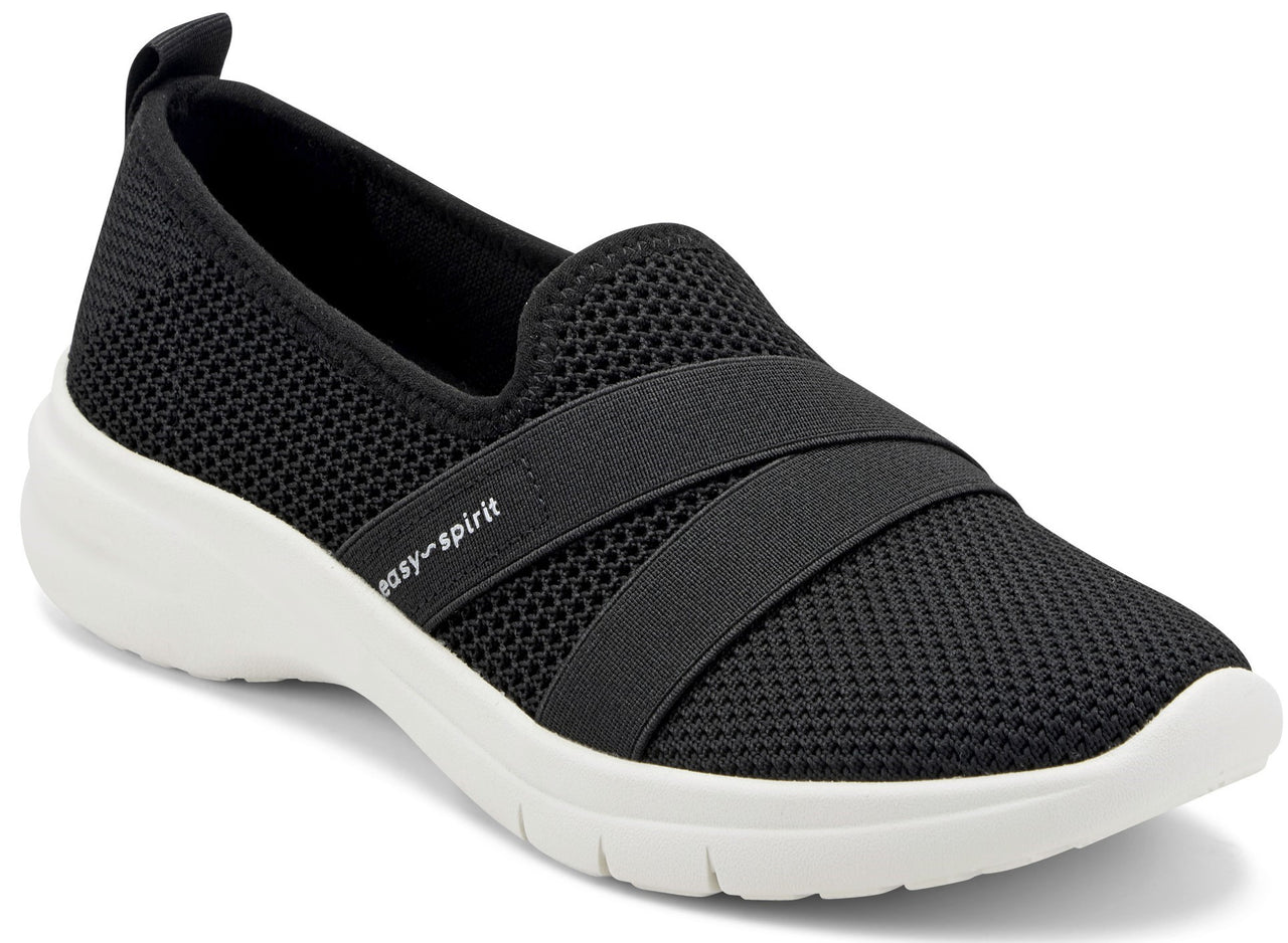 Black mesh slip-on shoe with elastic straps and a white sole, featuring the text "easy-spirit" on the side.