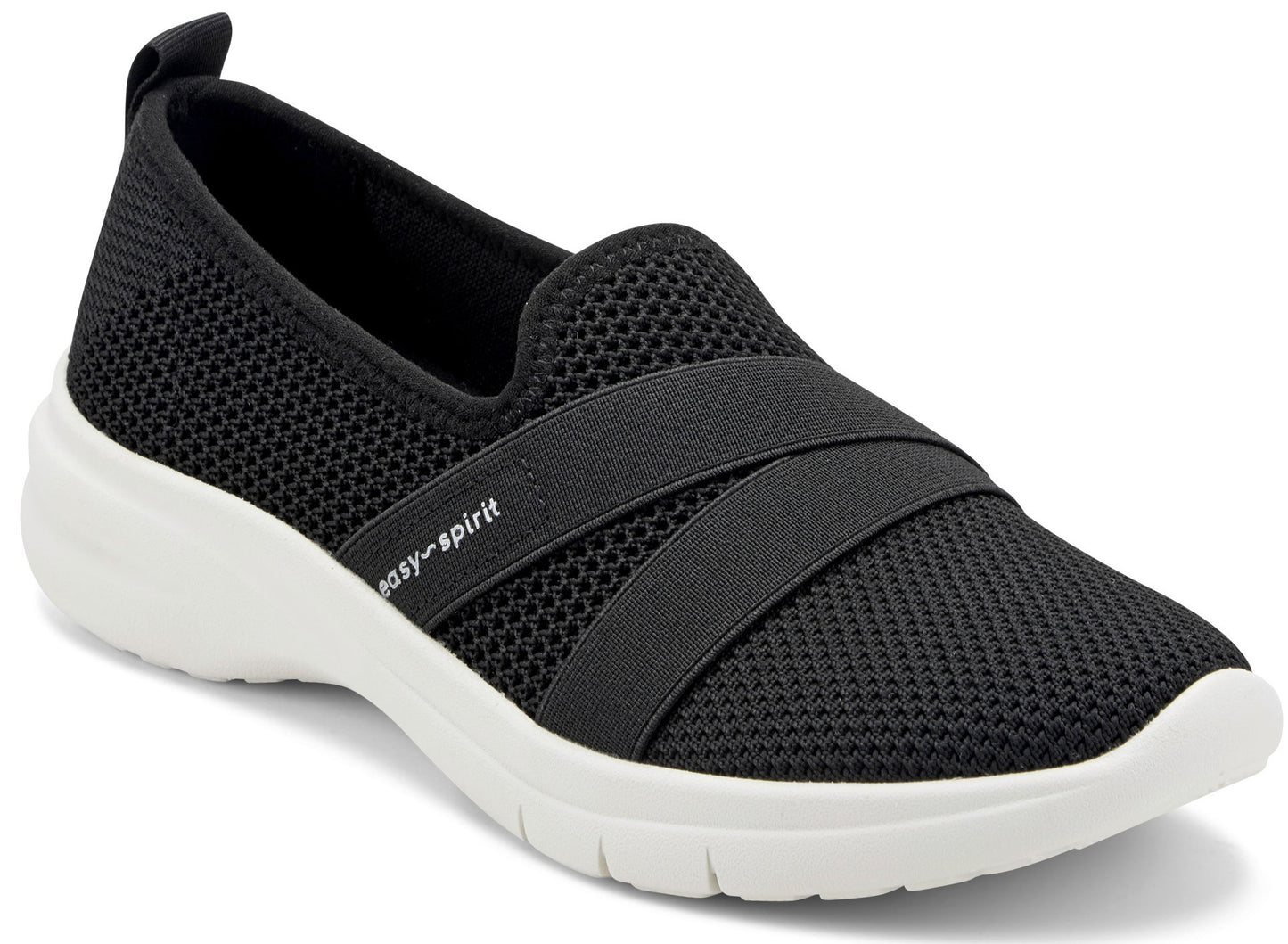 Black mesh slip-on shoe with elastic straps and a white sole, featuring the text "easy-spirit" on the side.