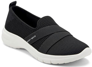 Black mesh slip-on shoe with elastic straps and a white sole, featuring the text "easy-spirit" on the side.